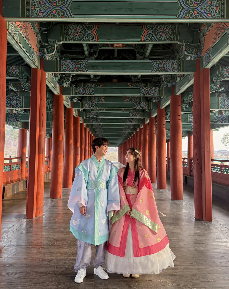 Young couple smiling at each other wearing pastel hanbok inside a long wooden corridor with painted green beams.