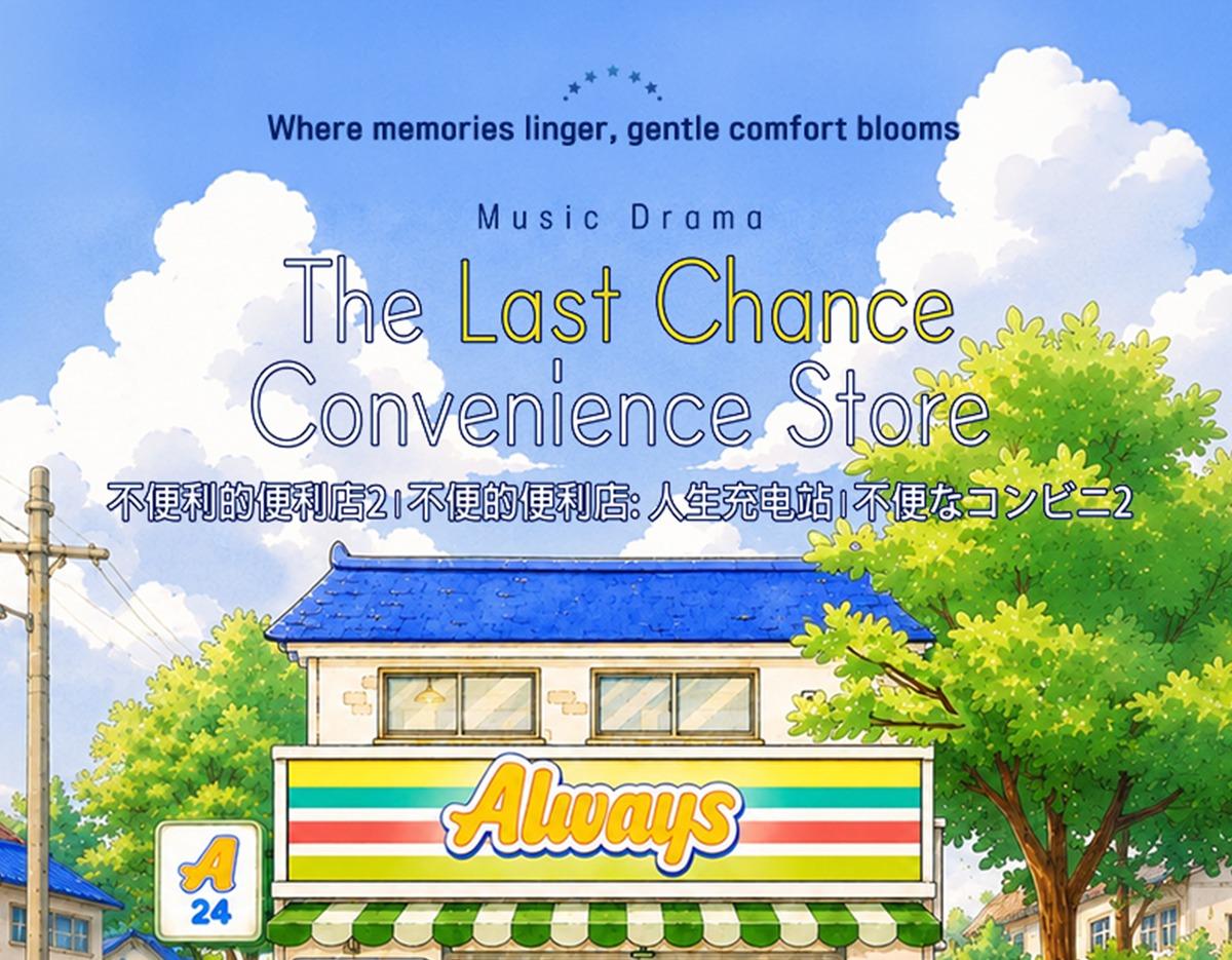 Illustrated storefront poster: blue-roofed "Always" convenience store under trees with title "The Last Chance Convenience Store" and clear sky.
