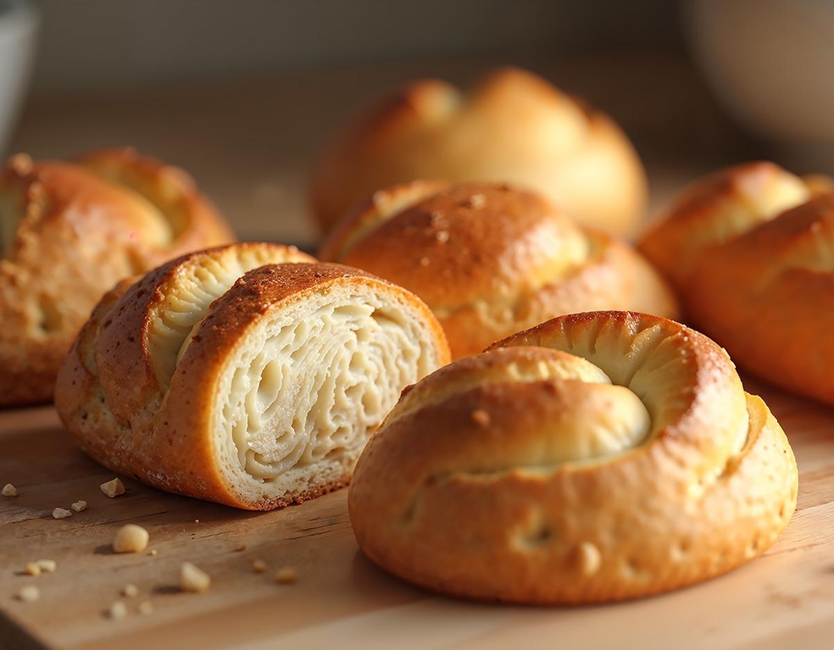 Assorted golden-brown Korean bakery rolls with layered, flaky interior on wooden board, 성심당 빵투어 showcase