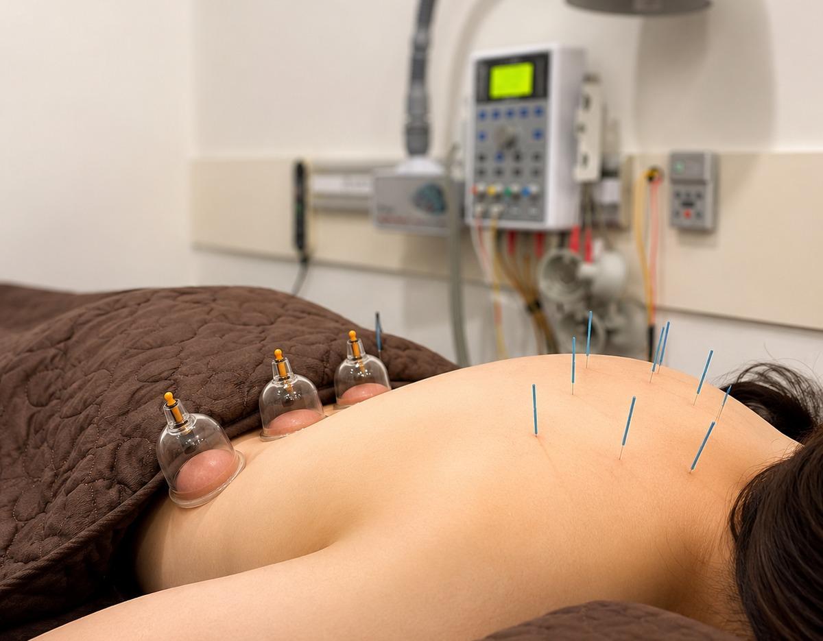 Patient lying face down receiving cupping and thin blue acupuncture needles along the upper back in a clinic room