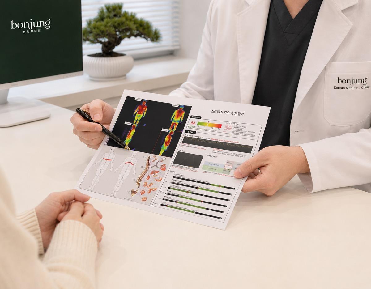 Doctor in a bonjung lab coat pointing with a pen to a printed body scan and diagnostic chart while a patient listens.