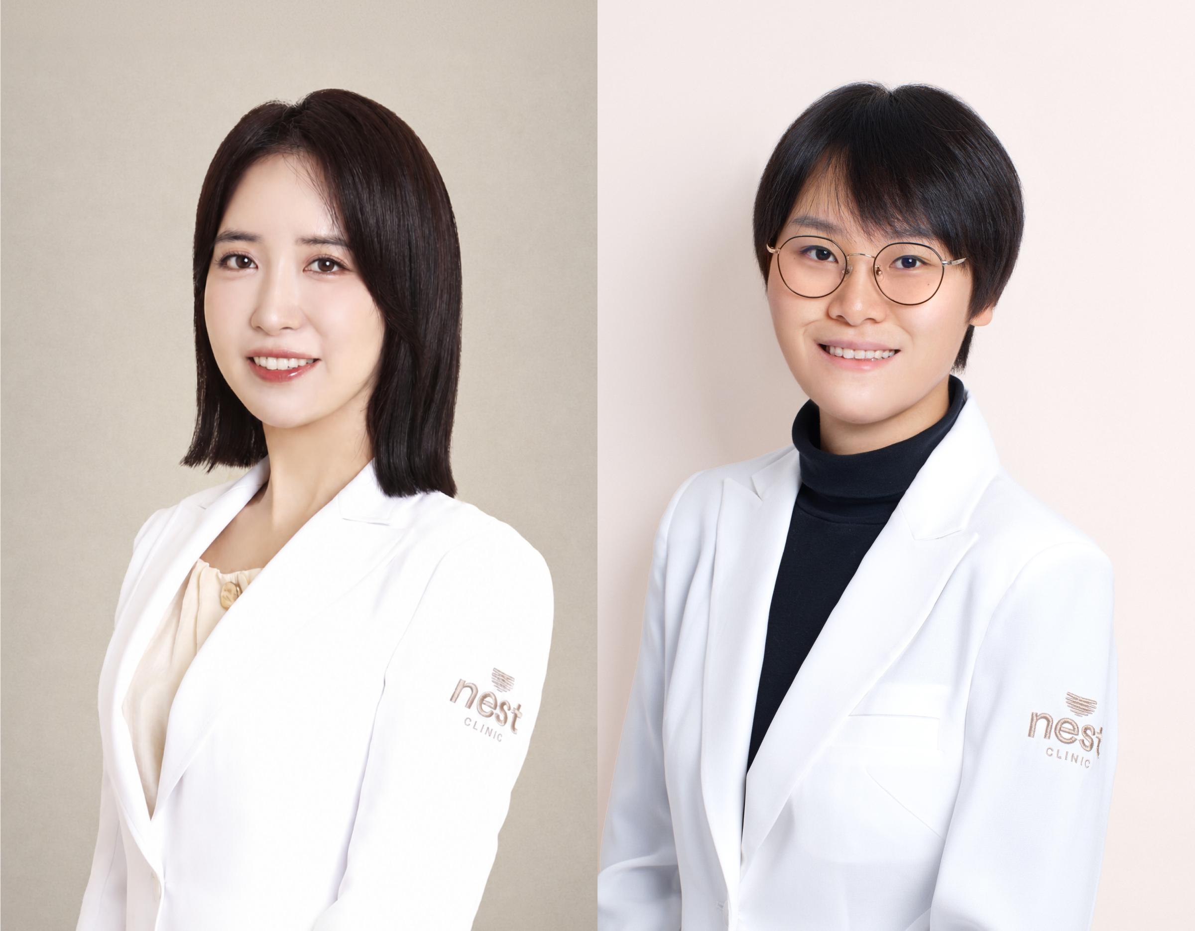 Two female clinic doctors in white blazers with "nest clinic" logo, smiling in studio portraits side-by-side.
