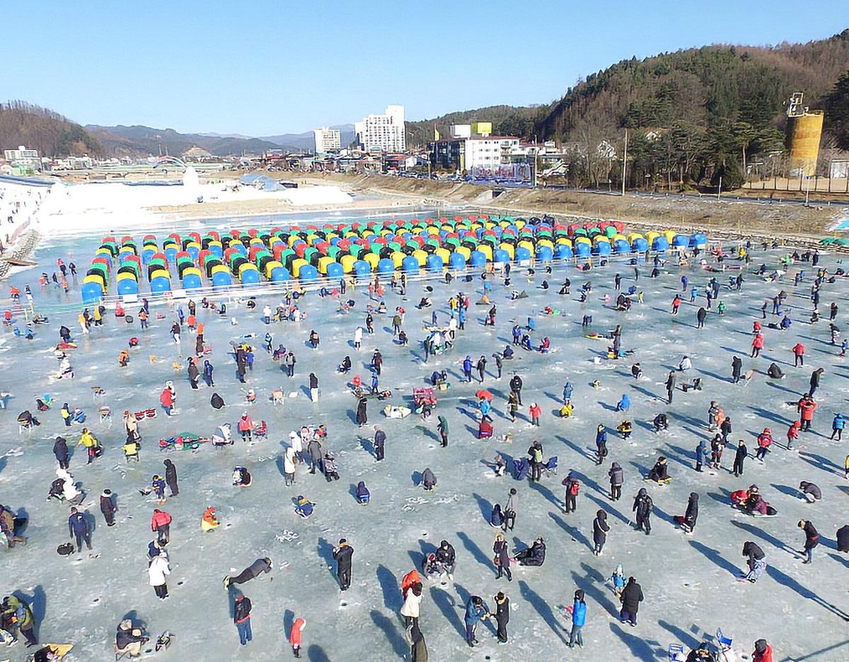 Crowded frozen lake at Pyeongchang trout festival with dozens of colorful ice-fishing tents and people spread across the ice