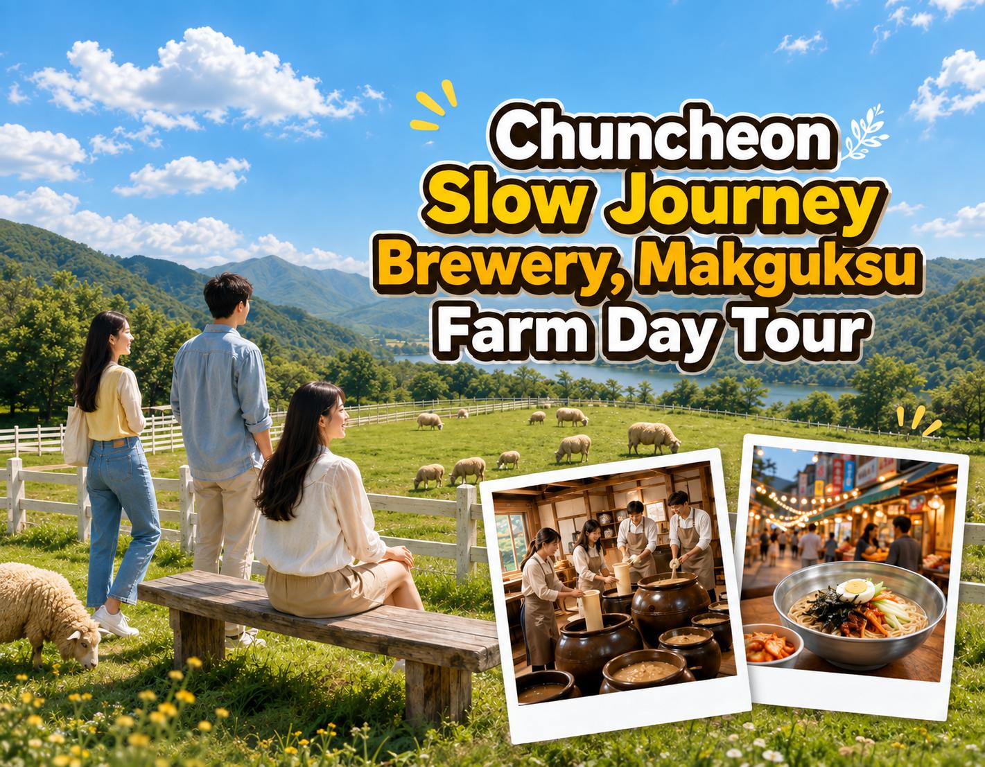 Three people at a sunny farm overlook sheep grazing on green hills, with inset photos of makguksu bowl and brewing workshop.