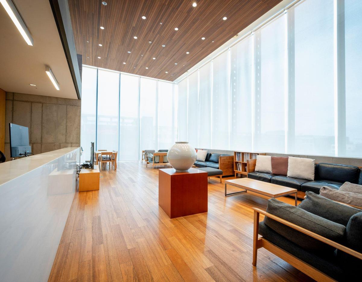 Bright dental clinic waiting area with wooden floors, low sofas, coffee tables, tall frosted windows and central decorative vase
