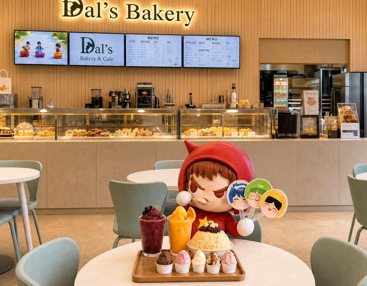 plush character in a cafe holding fan signs, seated at a table with shaved ice, fruit drinks and dessert in front of a bakery counter labeled Dal's Bakery