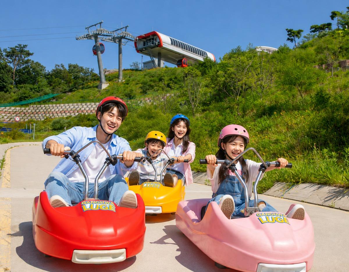 Family of four riding colorful Ganghwa luge carts down paved track with cable car and green hillside behind