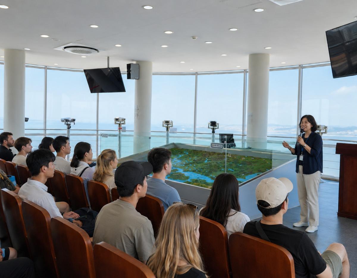 Tour guide speaking to seated visitors inside Ganghwa DMZ observatory with large terrain model and binoculars by windows