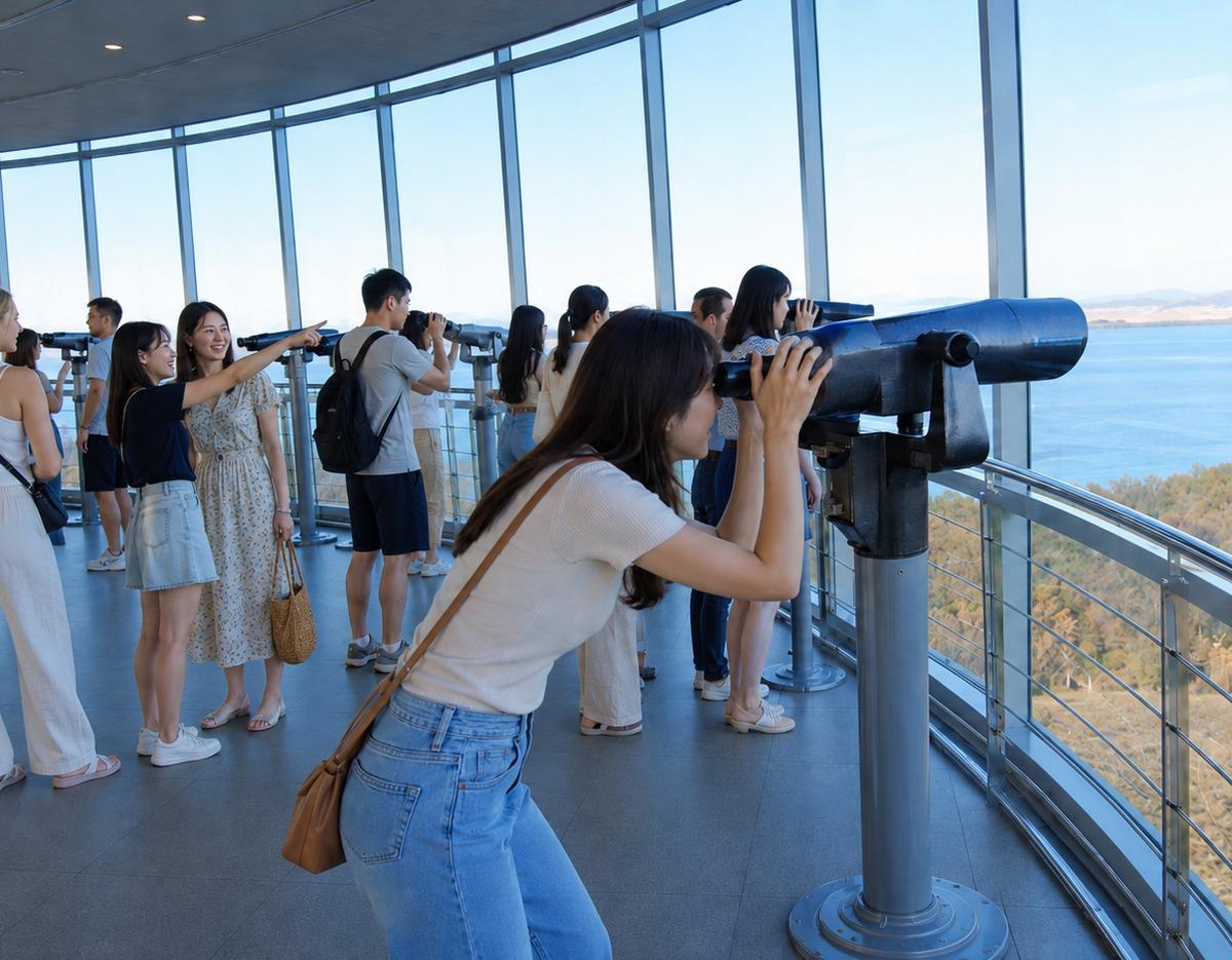 Visitors at Ganghwa Peace Observatory looking through mounted coin telescopes across glass windows at coastal and island views