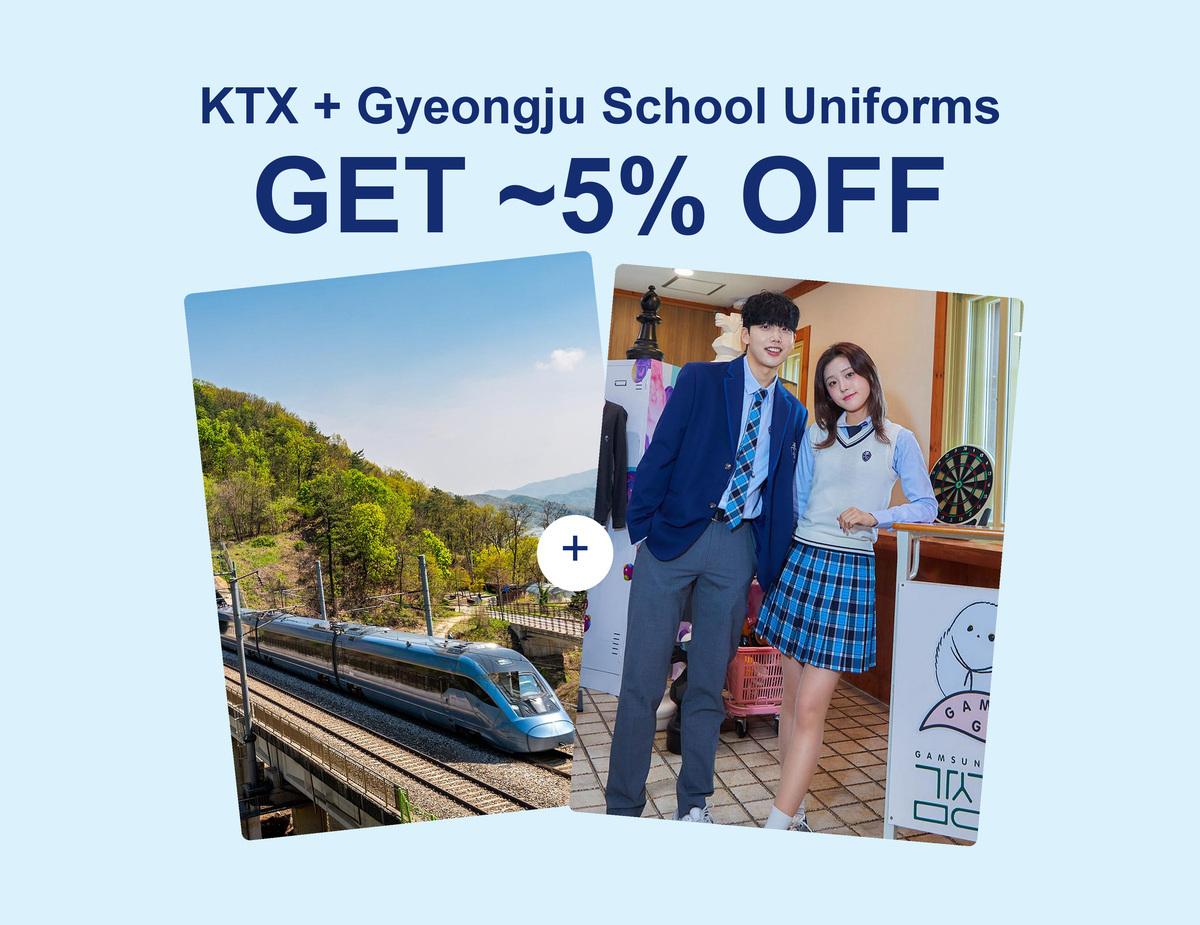 Promotional graphic showing a KTX train beside two young models wearing blue Gyeongju school uniforms, "5% off" text