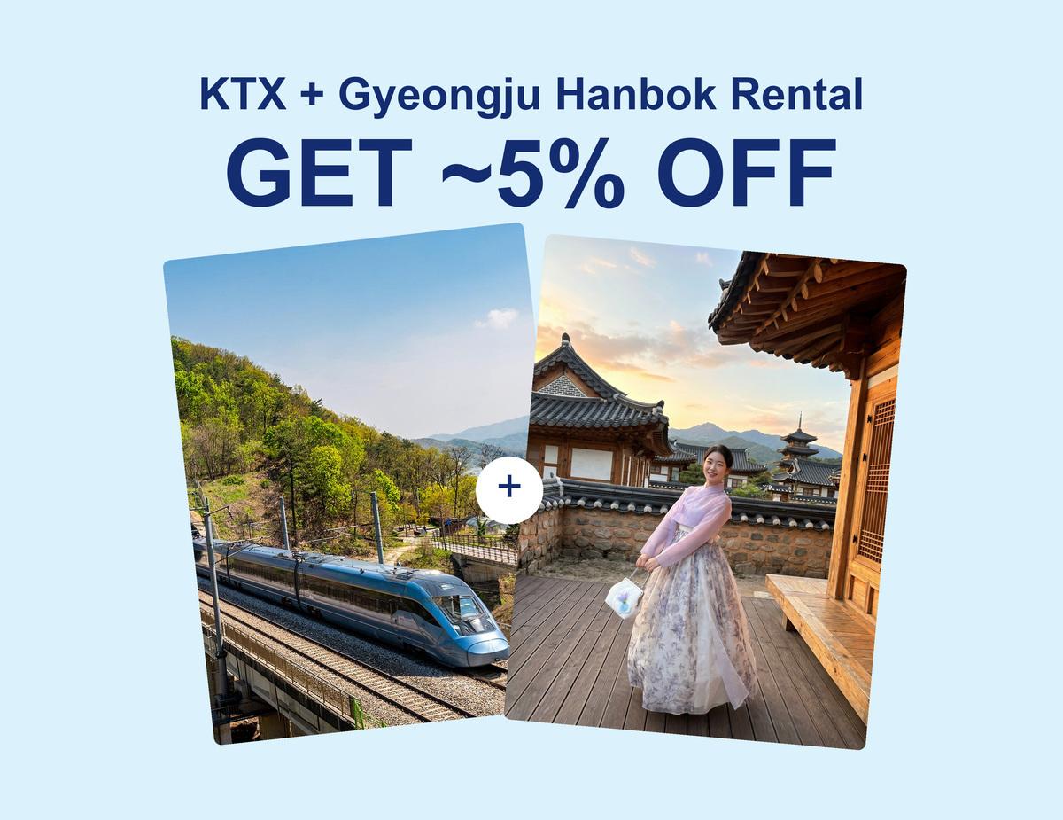 Promotional graphic showing a KTX train beside a woman in a floral hanbok at a traditional Gyeongju wooden hanok site, 5% off text