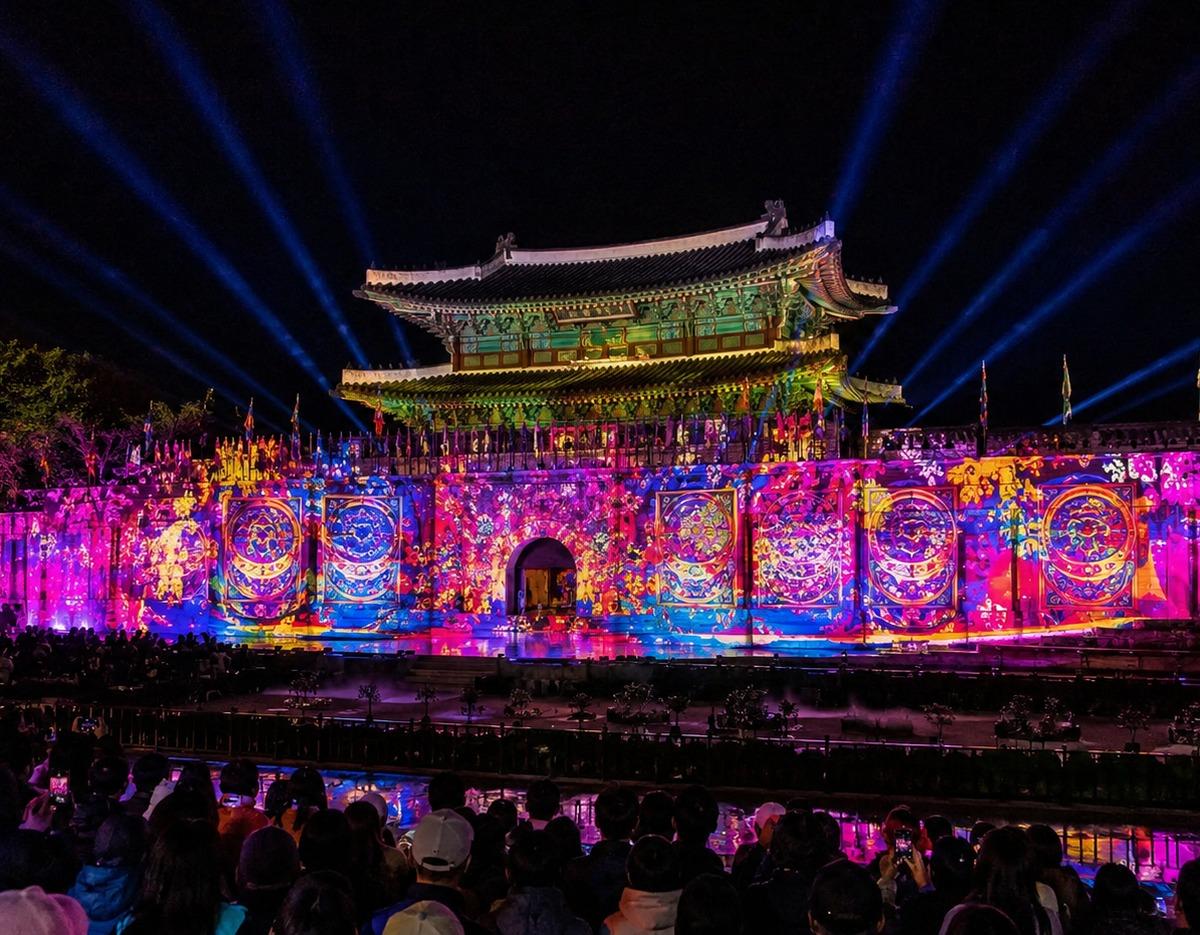 Suwon Hwaseong fortress gate lit by multicolored projection mapping and beams, with crowds watching at night