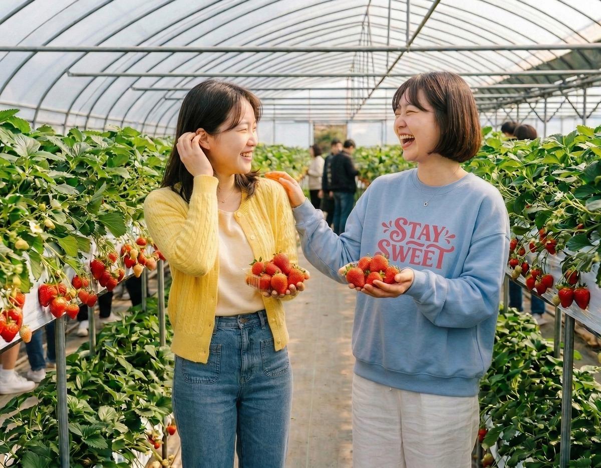 Two smiling women in a strawberry greenhouse holding baskets of ripe strawberries during a Pocheon winter day tour.