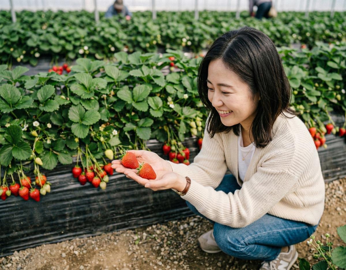Woman crouching in a greenhouse smiling while holding freshly picked ripe strawberries from a raised bed plant row