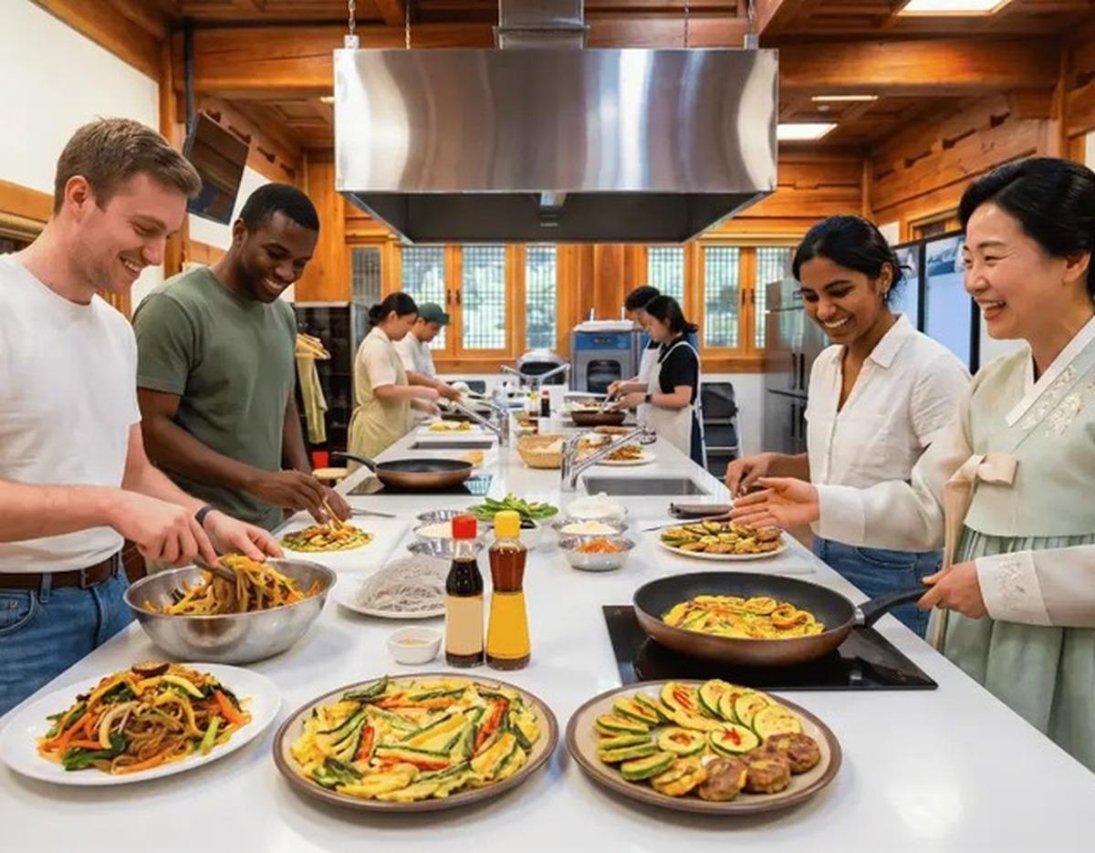 Participants in a cooking class at Suwon Hwaseong Festival making and plating japchae and jeon on a long kitchen counter