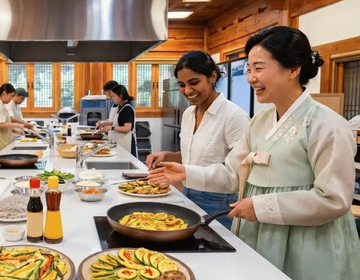 Suwon Hwaseong Festival cooking class: smiling instructor in hanbok and participant frying Korean jeon pancakes at countertop with ingredients.