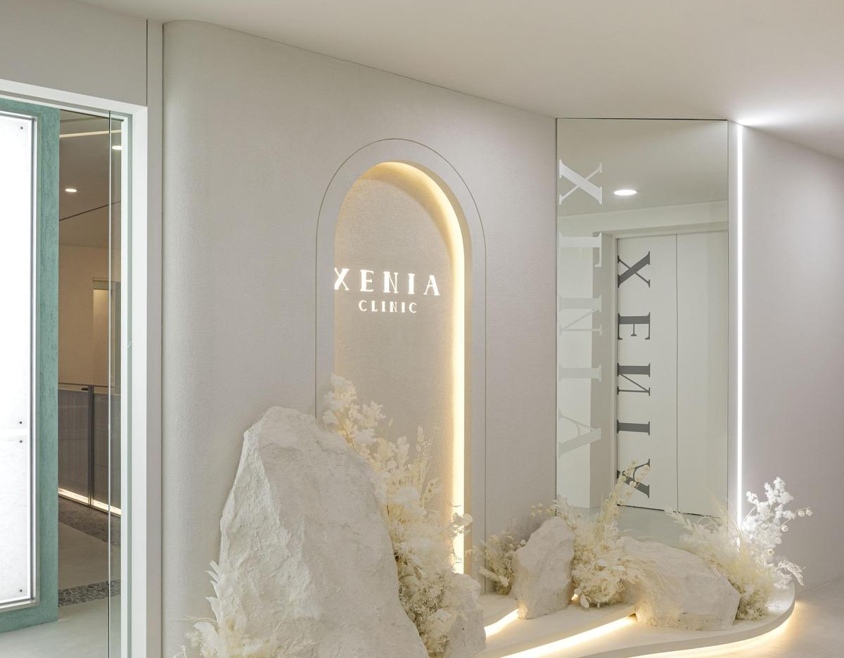 XENIA CLINIC minimalist reception niche with illuminated arch, large white decorative rocks and dried floral arrangements