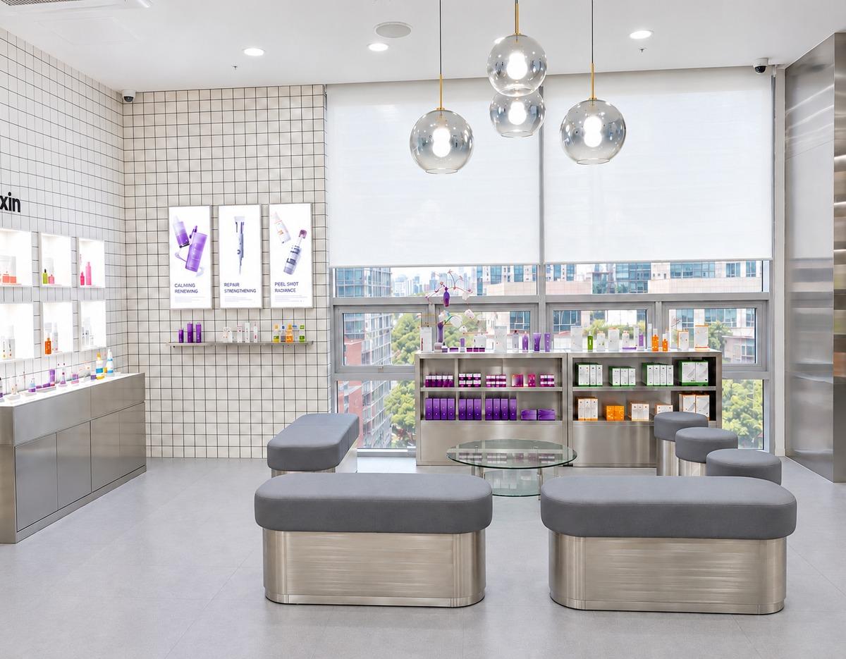 Bright modern clinic waiting area with gray upholstered benches, product display shelves and large windows overlooking city.