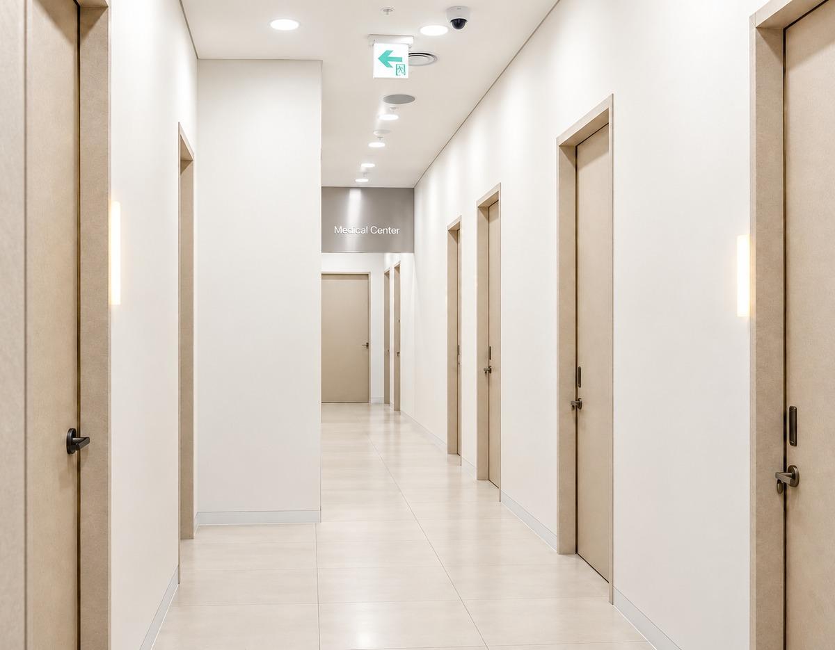 Minimalist clinic corridor with beige patient room doors on both sides and a "Medical Center" sign at the end.