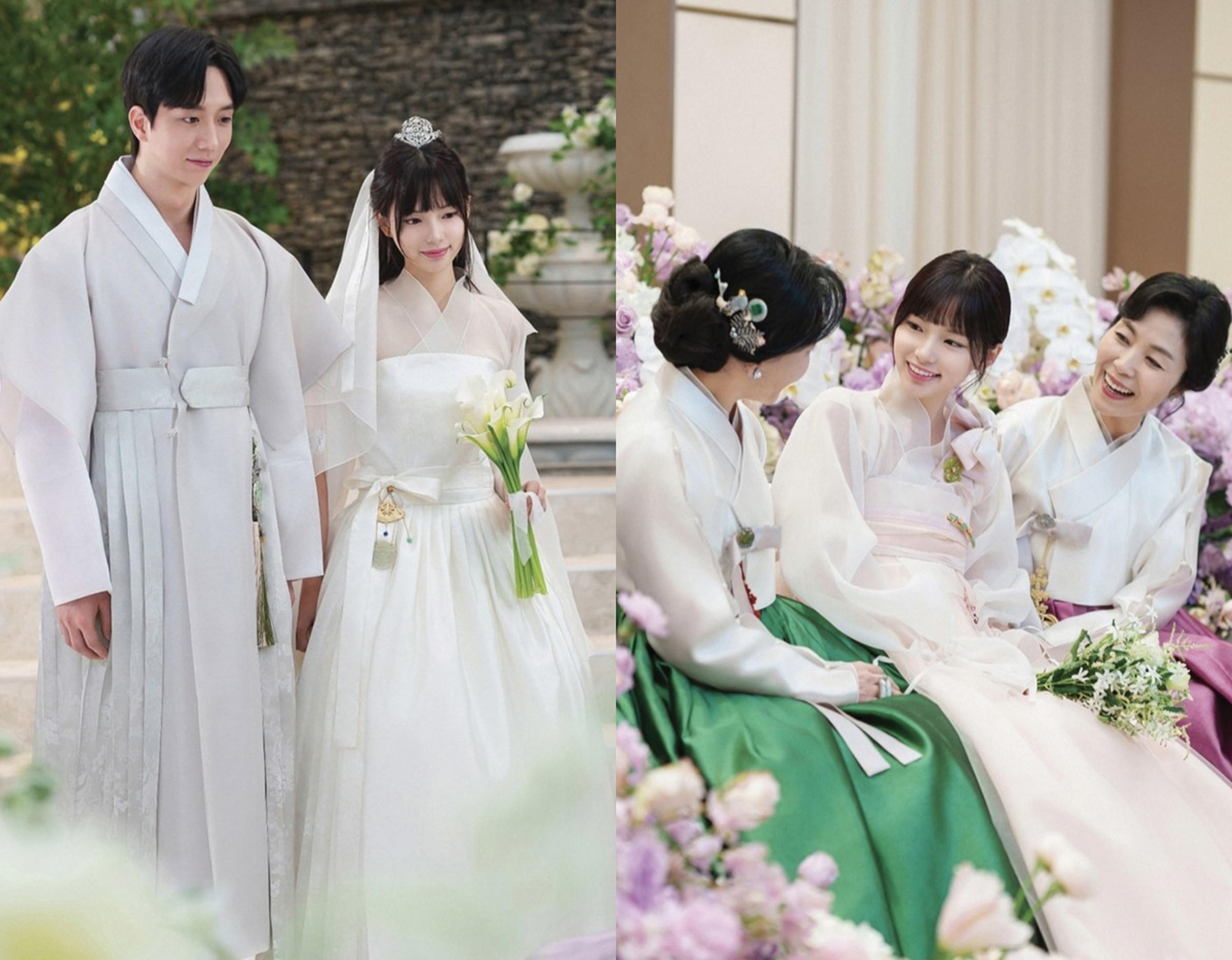 Left panel: couple in white traditional Korean wedding attire holding hands and bouquet outdoors. Right panel: three women in hanboks seated among pastel flowers, smiling and chatting.