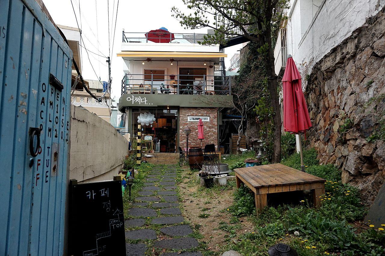 A cozy cafe and garden surrounded by nature in a rural Korean neighborhood, with a plant-filled courtyard, flower pots, and tree-lined sky.