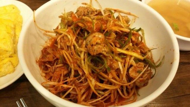 A plate of Korean-style 'golbaengi-muchim,' made with 'al dente' Chinese noodles, served as a staple food.
