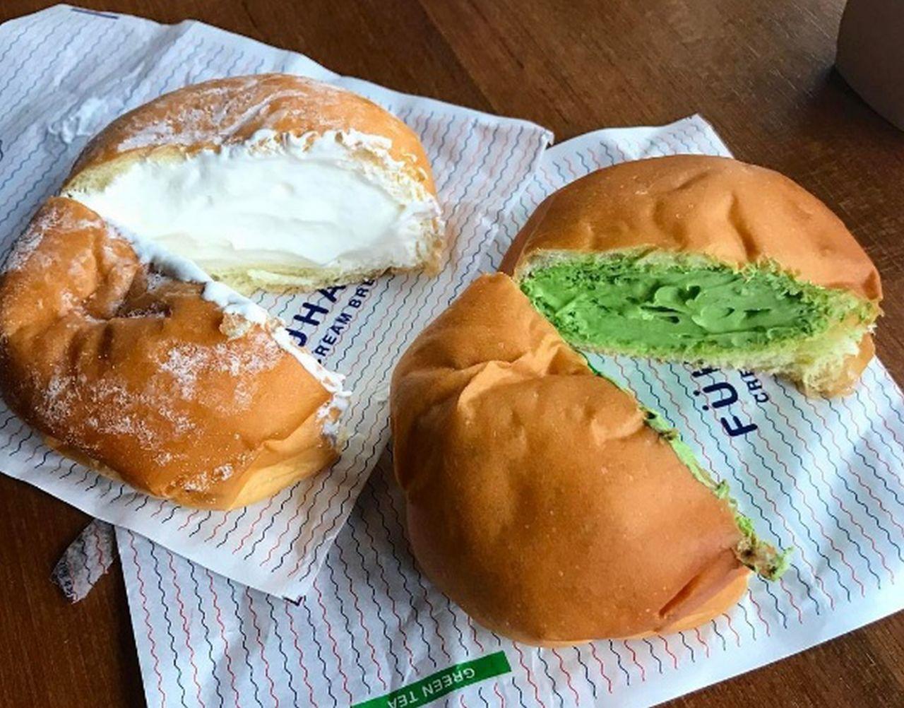 A delicious cream-filled bun from a Korean bakery, perfect for a quick meal or snack.