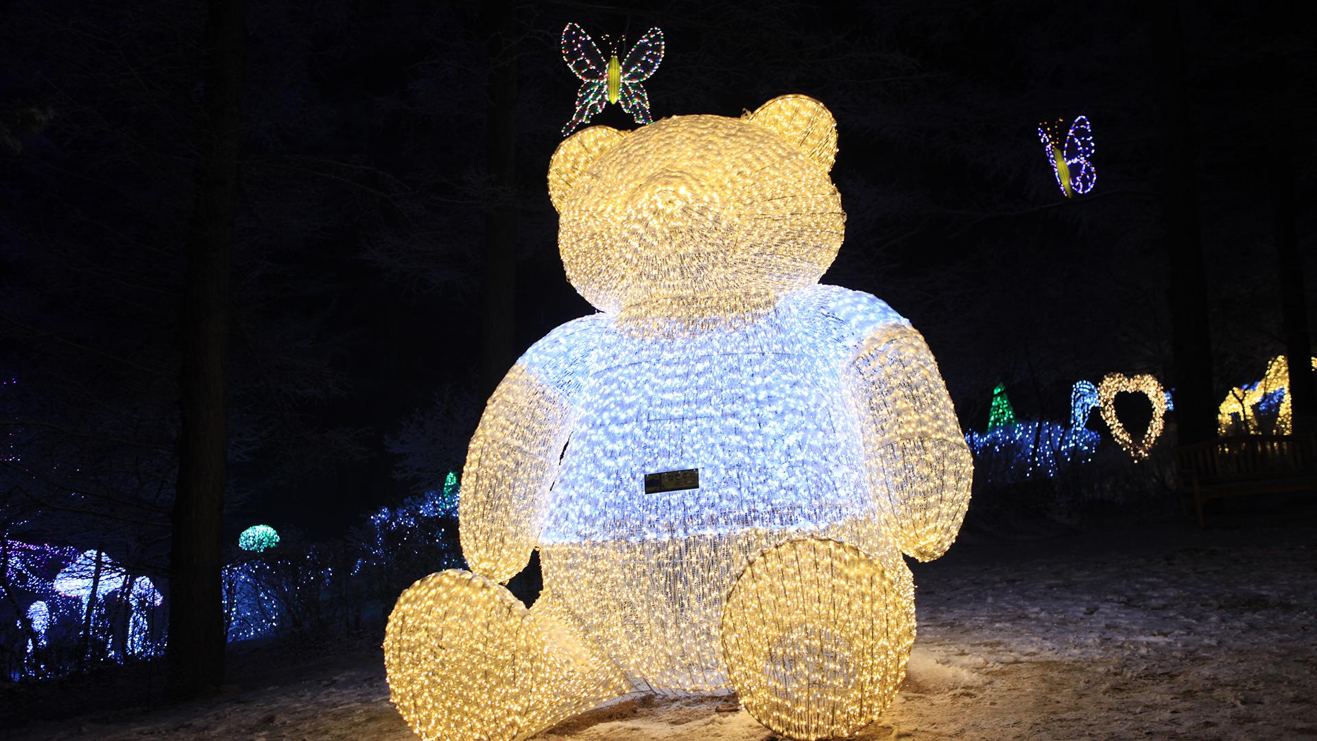 stuffed teddy bear sculpture at Namiseom Island and Morning Calm Arboretum, featuring whimsical world art font and happy event atmosphere.
