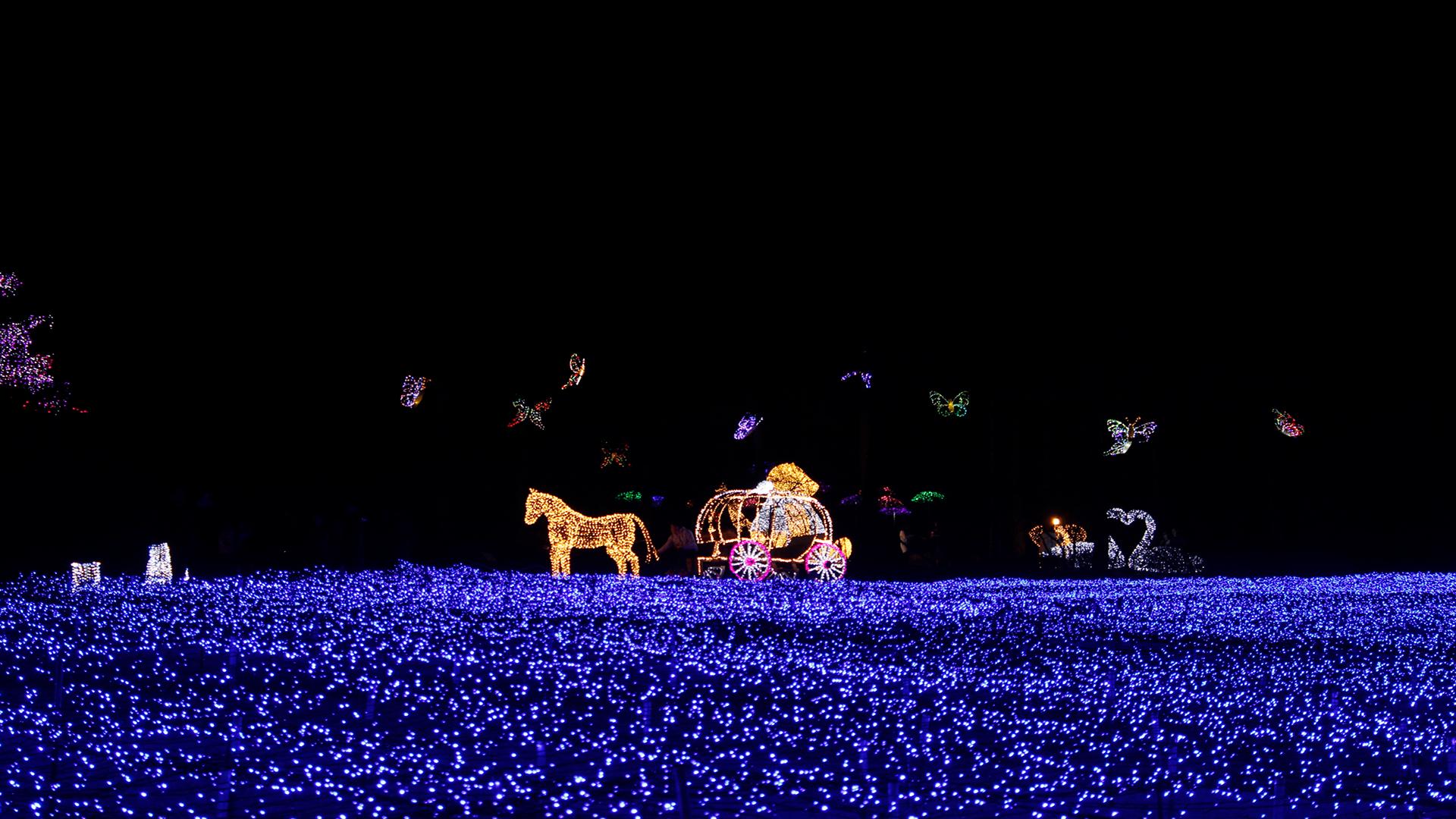 colorful statues and flowers adorn Namisum Island's peaceful Arboretum during an electric blue light festival.