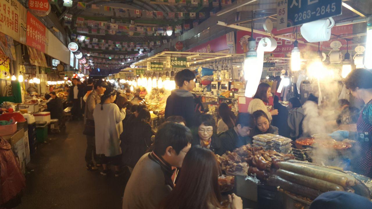 Customers at Seoul's bustling Gwangjang Market