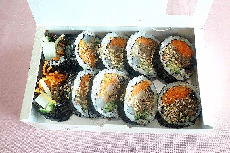 Image gimbap dishes at Baruda Kim Seonseang restaurant in Hongdae, Korea.