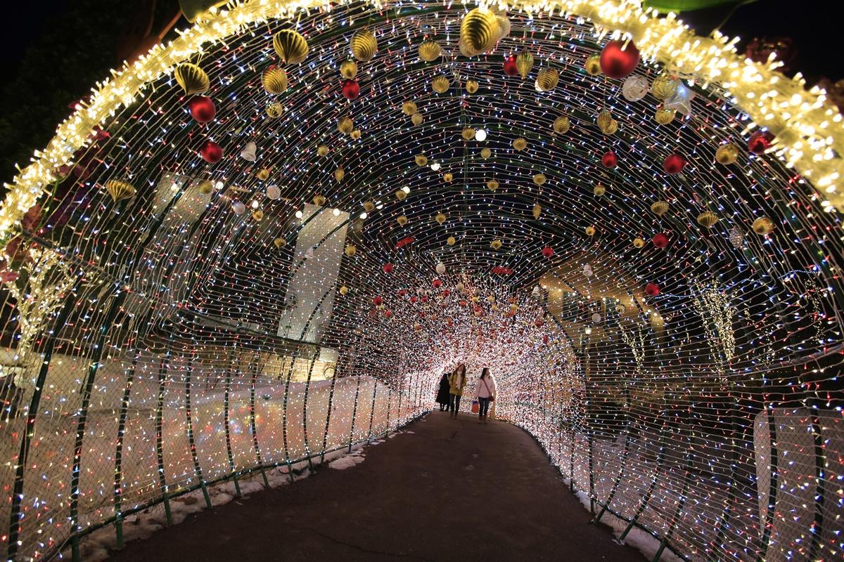nighttime view of illuminated arches at Namiseom Island, Korea.