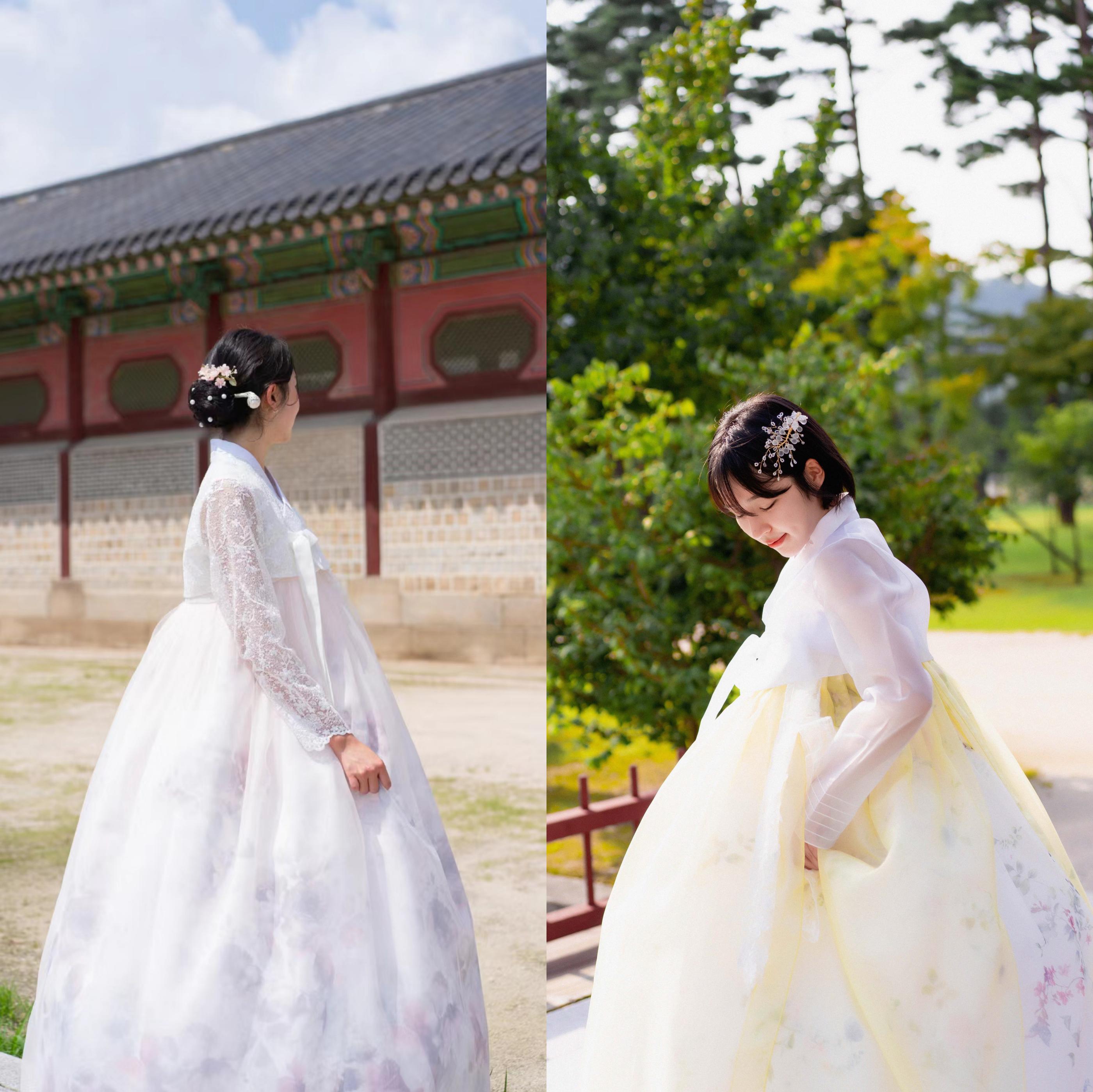 Women in hanbok and outerwear browse through plants at Gyeongbokgung rental shop.