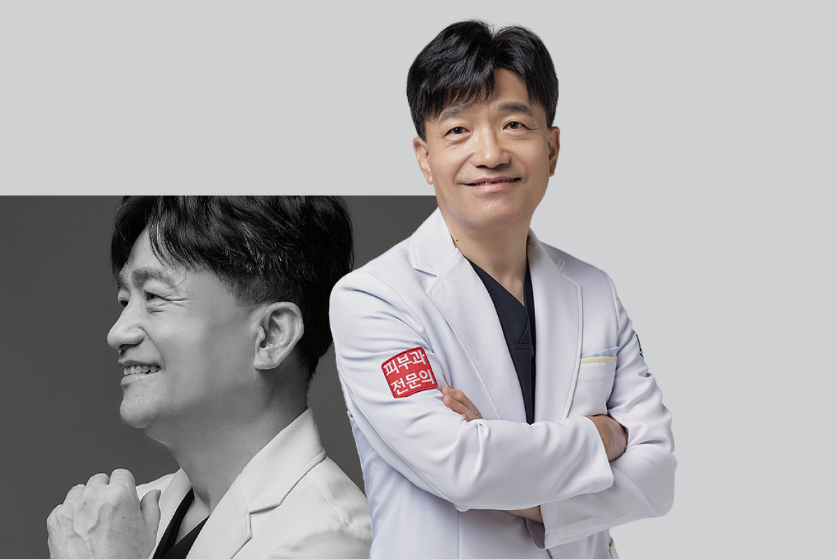 Picture of a dermatologist in a white lab coat, part of the Seoul Leaguer Dermatology team.