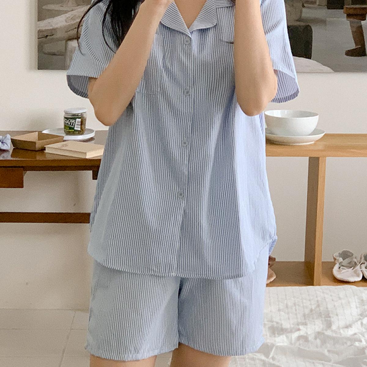 情侶Sleepy條紋短袖睡衣套裝（藍色）