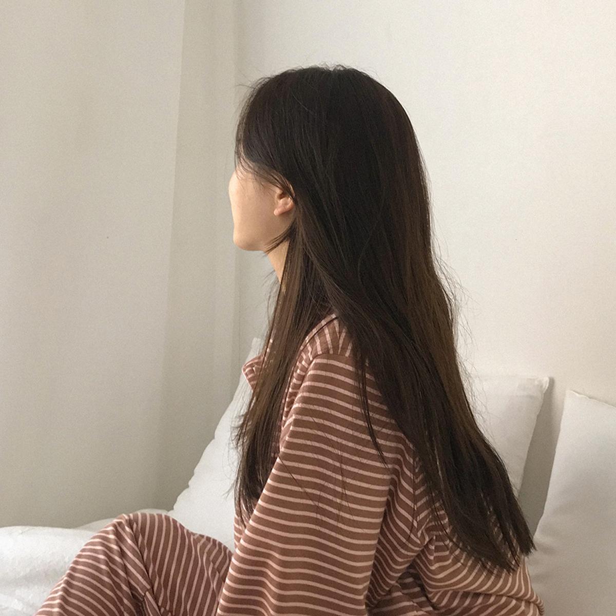 Bunny條紋情侶睡衣套裝女款（沙棕色）
