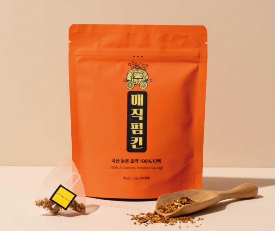 korean brand pin the food magic pumpkin tea pack with bag and scoop of tea as decoration