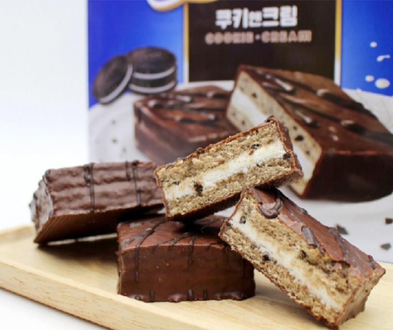 korean brand haitai's oh yes cookies and cream flavor close up on pies with box in background