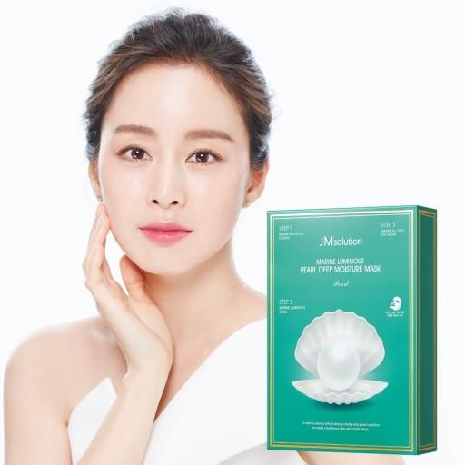 korean brand JW Solution Marine Luminous Pearl Deep Moisture Mask pack with skincare model