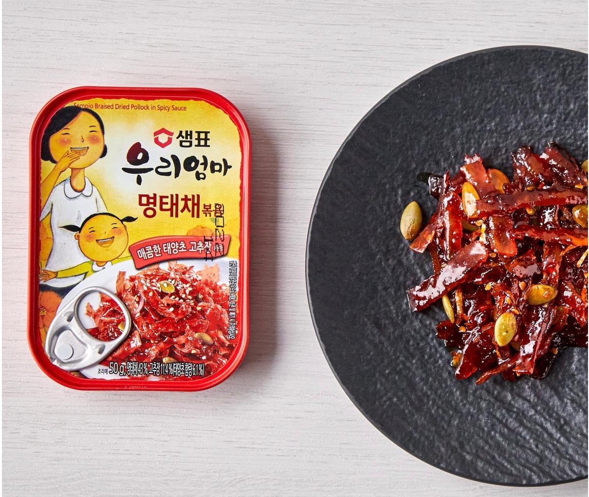 korean brand sempio's stir-fried dried pollock in gochujang in a can and plated