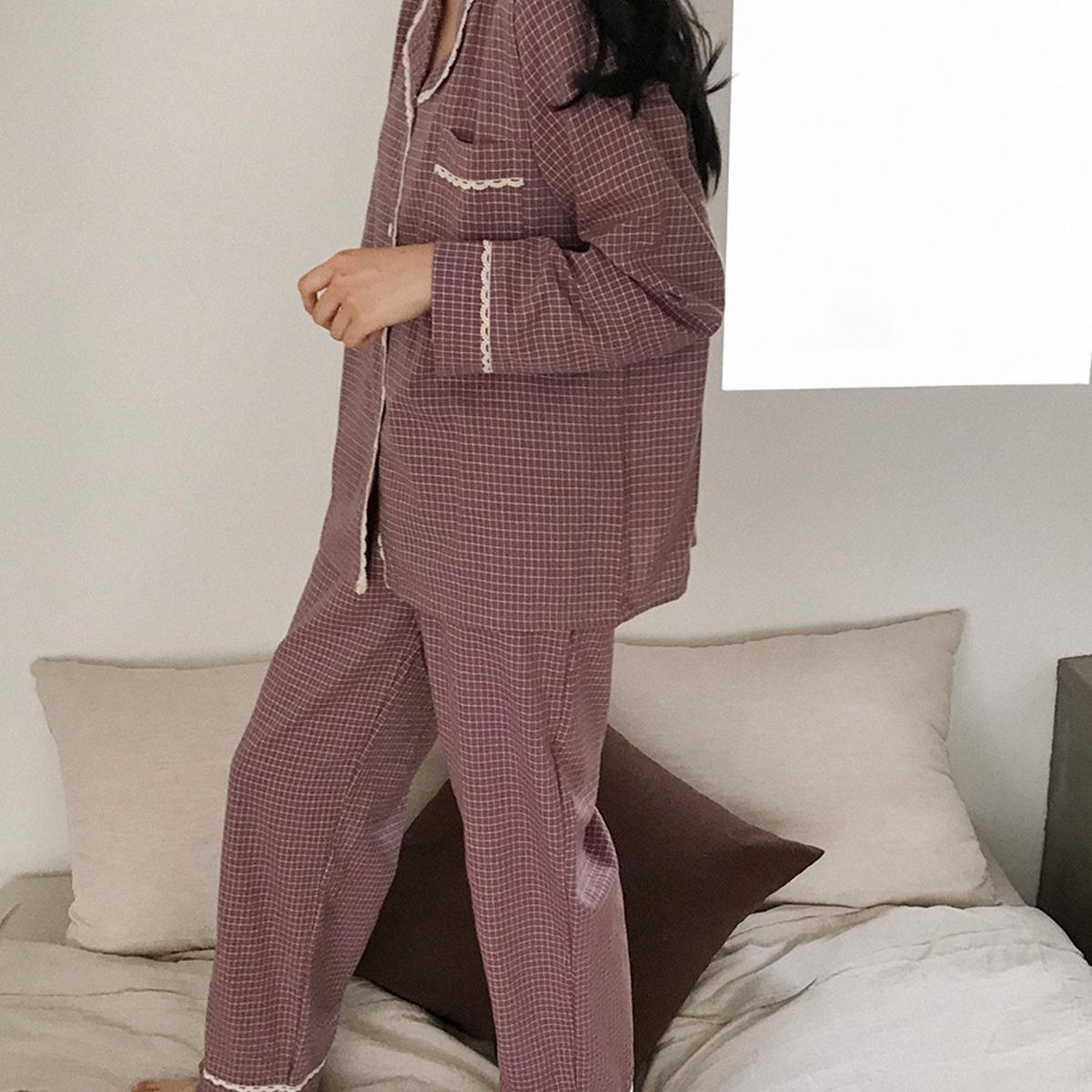 蕾絲格紋長袖睡衣套裝女款（淡紫色）