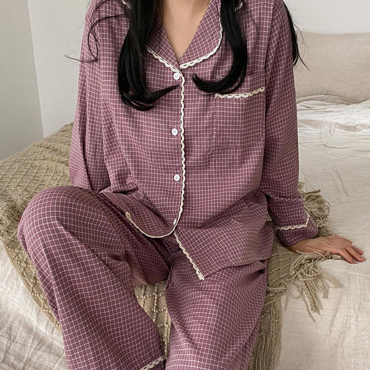 蕾絲格紋長袖睡衣套裝女款（淡紫色）