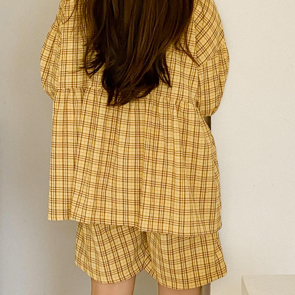 氣質格紋七分袖睡衣套裝（黃色）