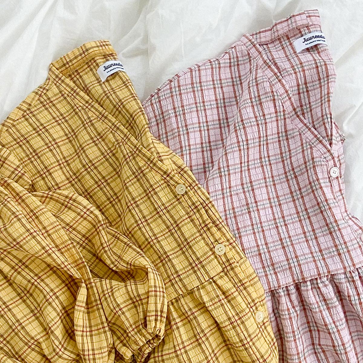 氣質格紋七分袖睡衣套裝（黃色）