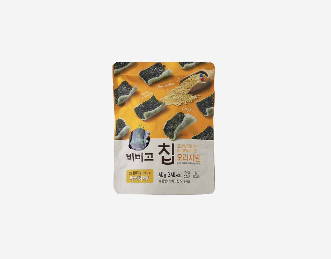 Korean brand bibigo's Seaweed Crisps Original pack in yellow