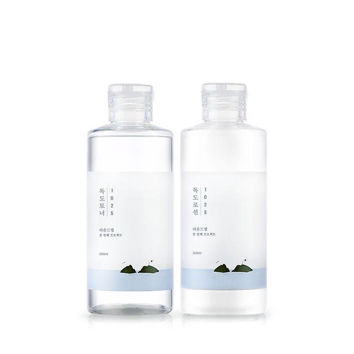 korean brand round lab's dokdo lotion bottles