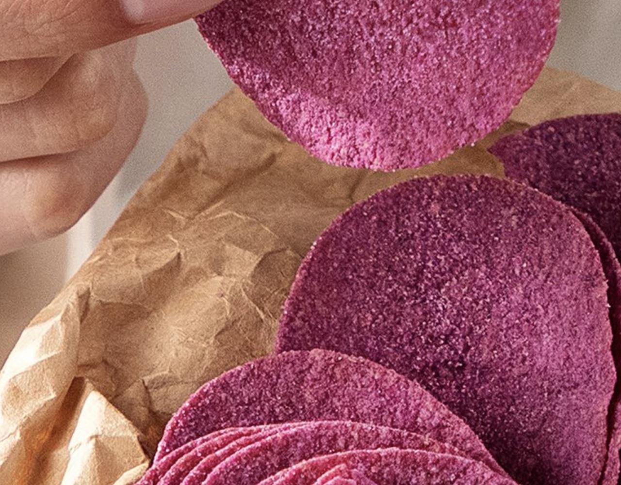 close up image of purple sweet potato chips from korean brand no brand