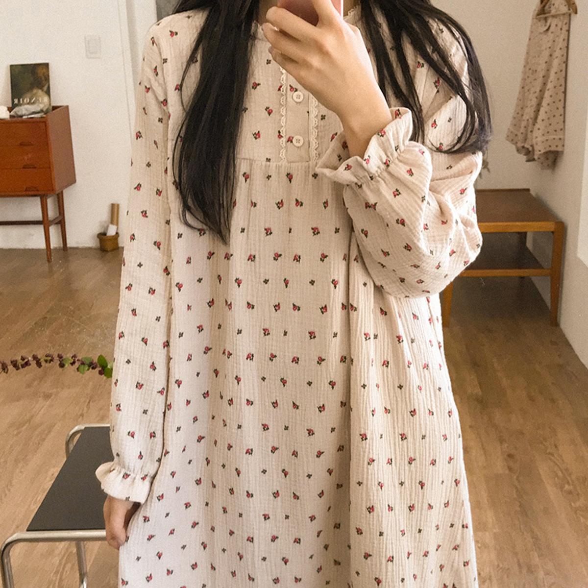Lavien Rose Lace Cotton Long Sleeve Dress Pajamas