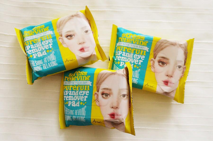 three packs of korean brand ariul's Stress Relieving Purefull Lip and Eye Remover Pad (30pads) 