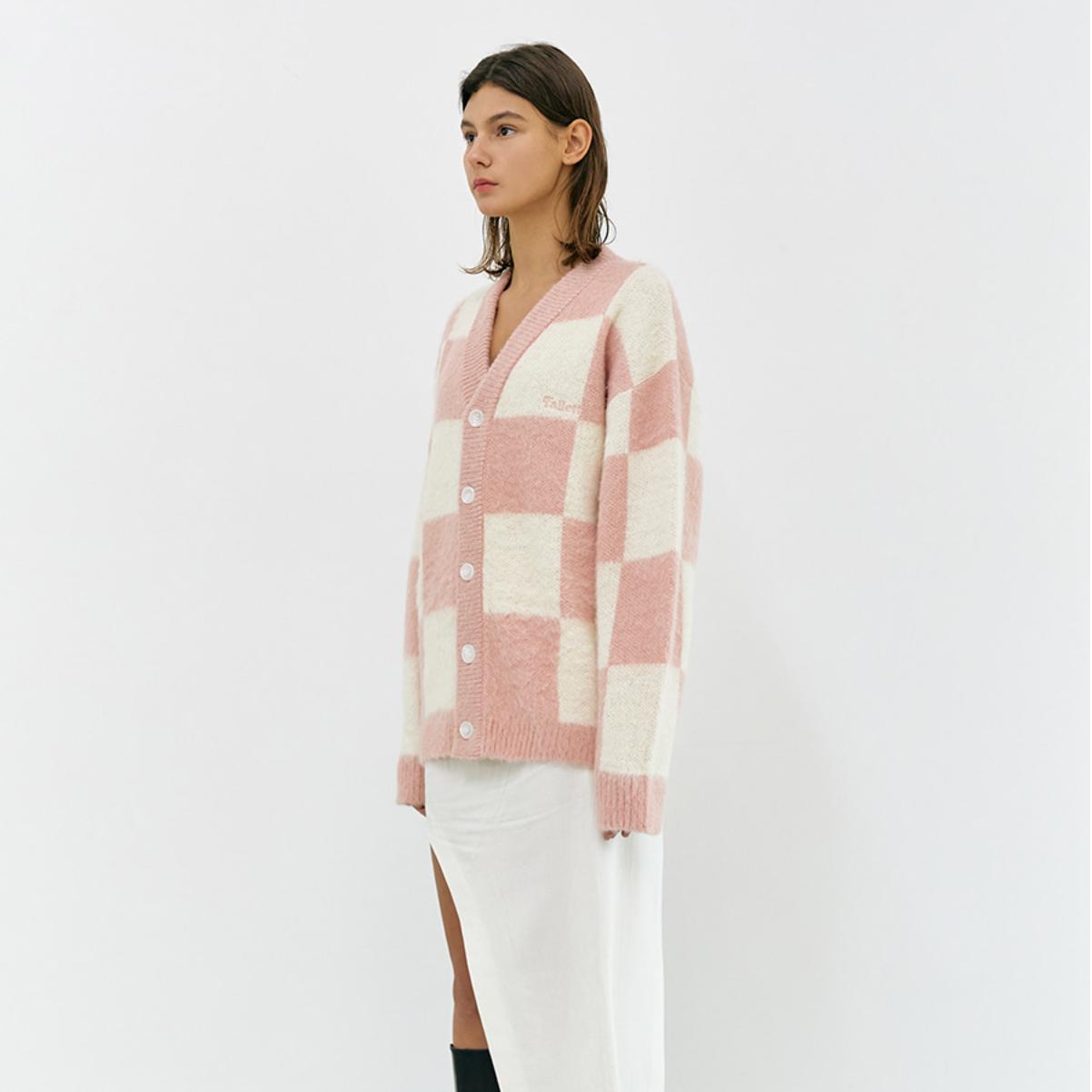 [IVE อีซอ/Straykids Felix] เสื้อคาร์ดิแกน Checker Board Mohair Knit สี Pink